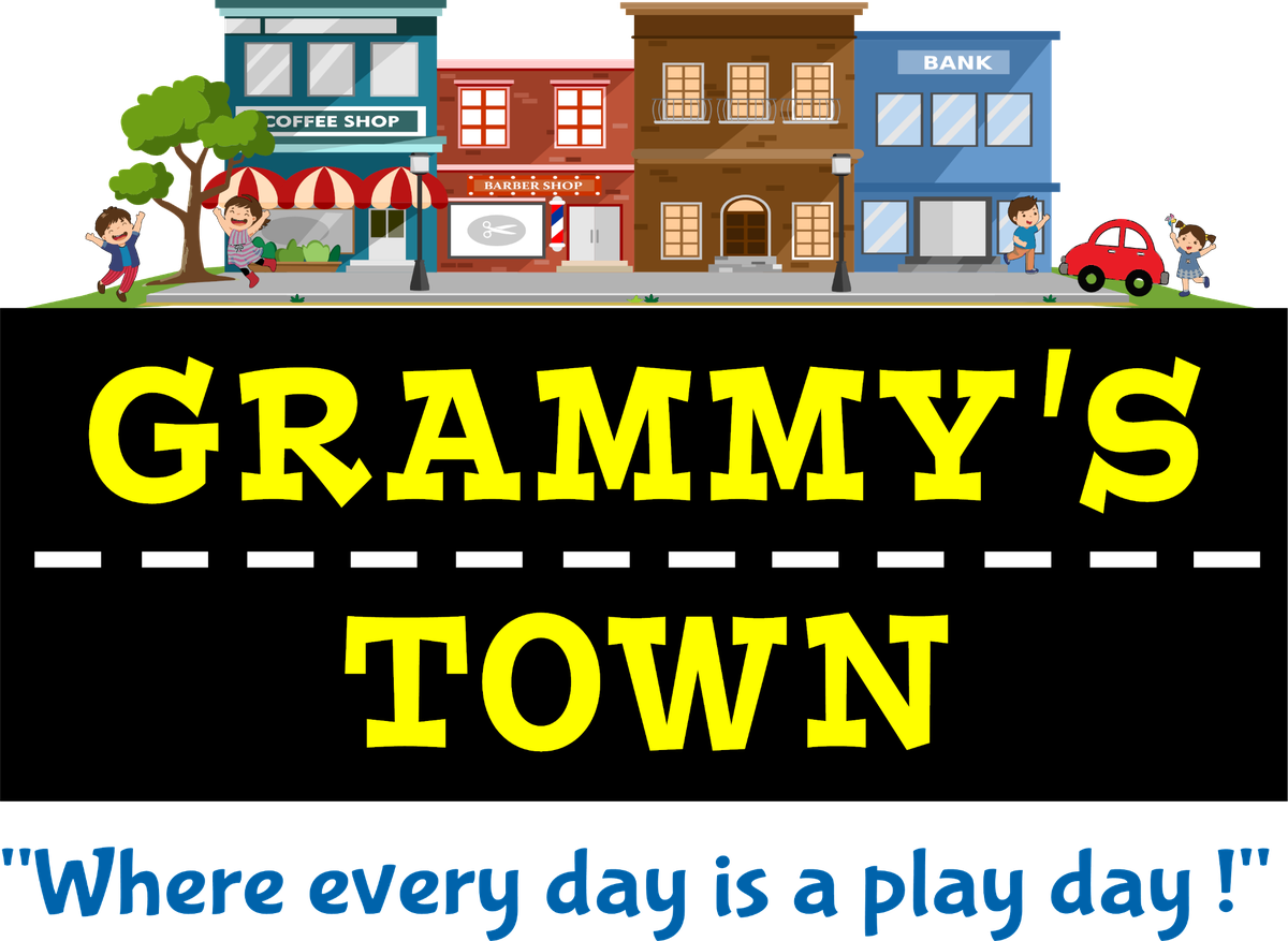 Grammy's Town logo: a cartoon main street with a coffee shop, barber shop and bank, and the tagline Where every day is a play day!